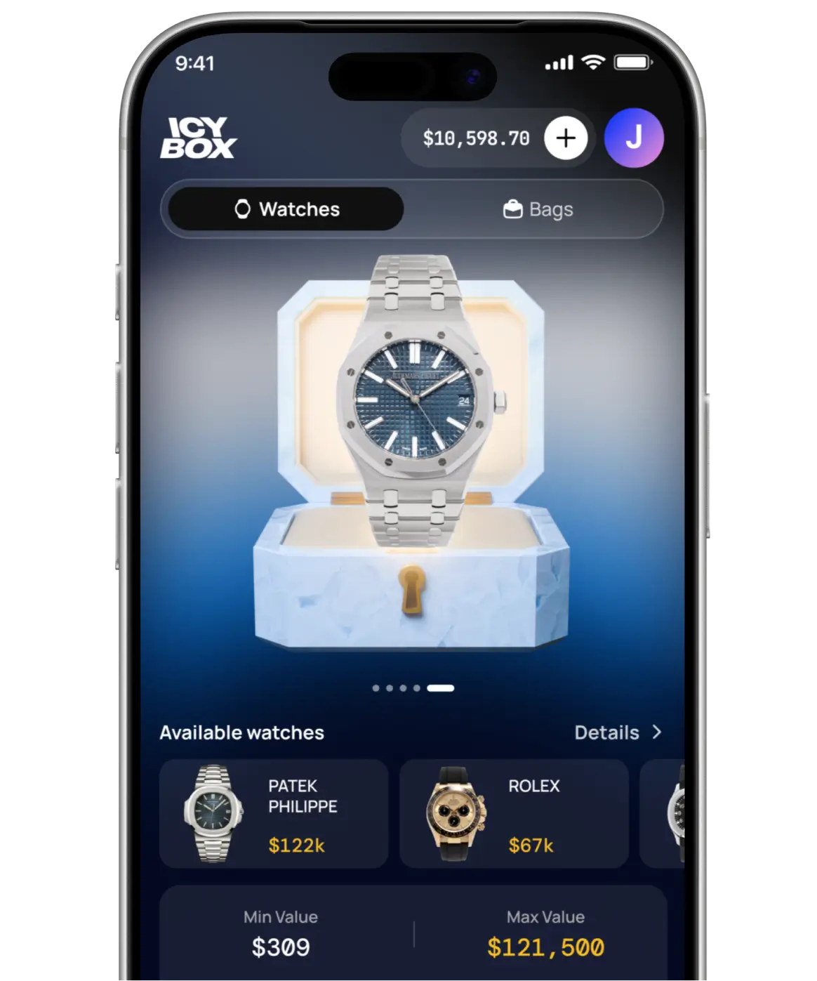 IcyBox app preview featuring a luxury watch reveal